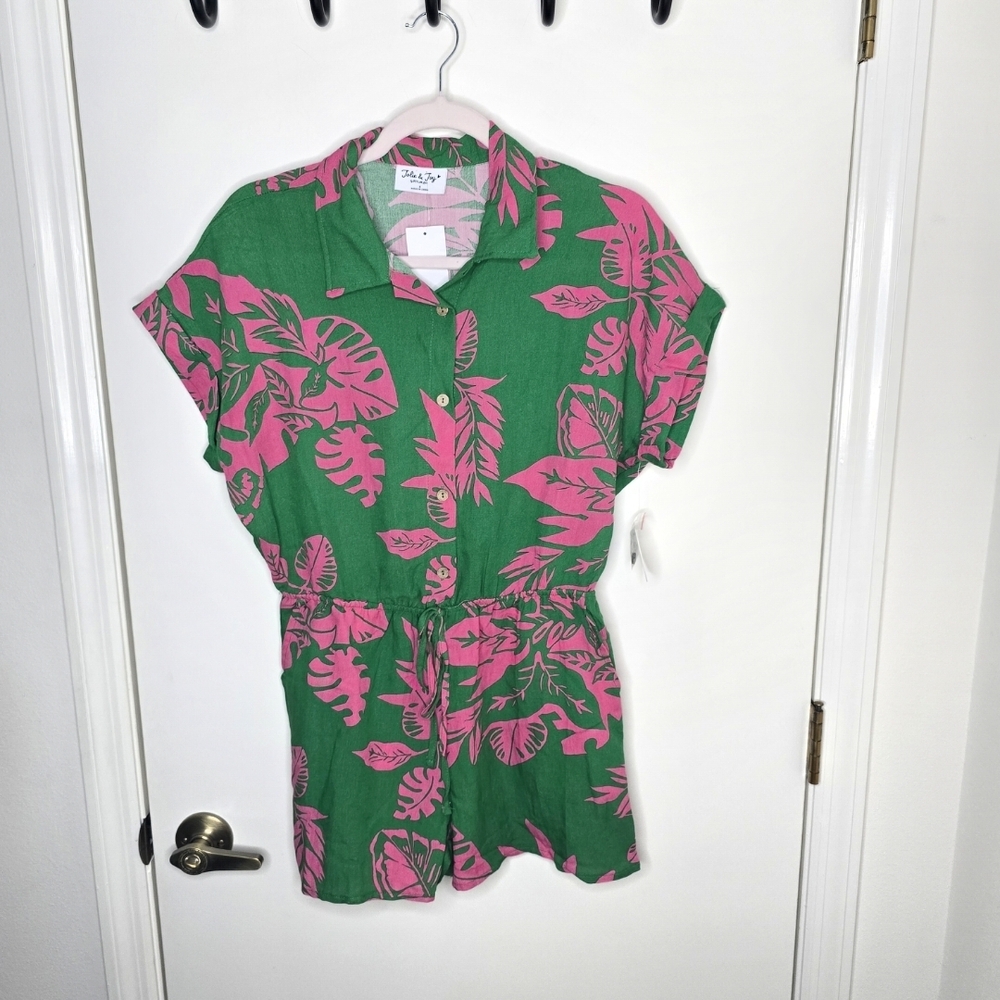 Green & Pink Tropical Print Romper Juniors Small NWT